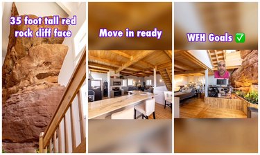 The first image is a red rock formation inside a home next to a staircase. The middle image shows a kitchen with wooden ceilings, hardwood floors, a finished countertop, and cream colored stools. The right image should a bed in the corner with a work from home desk right to the interior red rock formation on hardwood floors.
