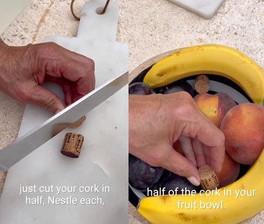 Split screen image of someone chopping a cork in half on the left and then nestling those two cork halves into a fruit bowl on the right