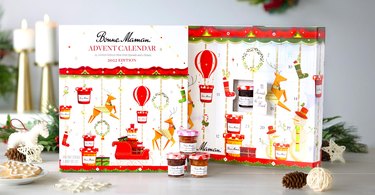 The Bonne Maman advent calendar, which features a holiday carousal showing reindeer, wreaths, stockings, and jars of jam. Inside, there are 24 jars of Bonne Maman jam hidden behind little doors.