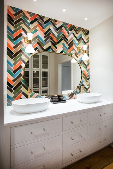 bohemian bathroom backsplash multicolor herringbone tile