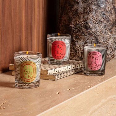 The Diptyque Figuier candle on the left with a yellow and orange label. Baies is in the center with a red label. Roses is on the right with a pink label. All are on a stone mantel with a rock behind them. Baies is propped up on two books showing lined patterns.