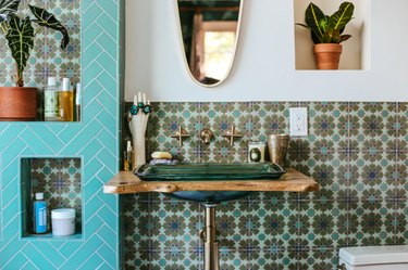 teal greeen and blue bohemian bathroom backsplash