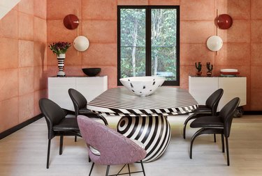 dining room with carnival-inspired striped table