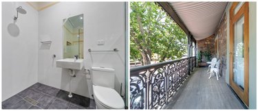 Bathroom with shower, sink, and toilet and balcony