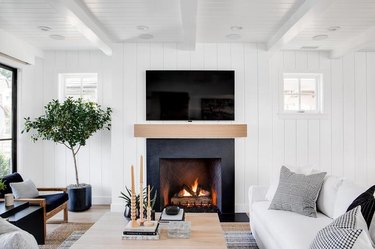 white farmhouse living room with shiplap