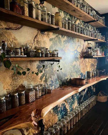 jars of dried ingredients on apothecary shelves