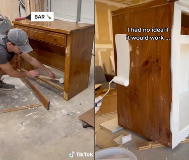 Split screen image of a man taking apart a dresser on the left and painting that dresser with primer on the right