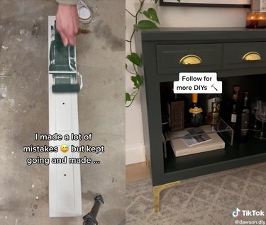 Split screen image of someone painting a drawer grey on the left and a mini bar on the right