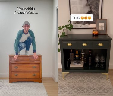 Split screen image of a man crouched on top of a dresser on the left and a mini bar on the right