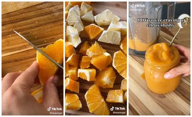 On the left is a hand cutting an orange on a wooden cutting board. In the middle, there are lemon and orange chunks on a sheet pan. On the right, the citrus smoothie is in a mason jar on a wooden cutting board with the blender in the background.