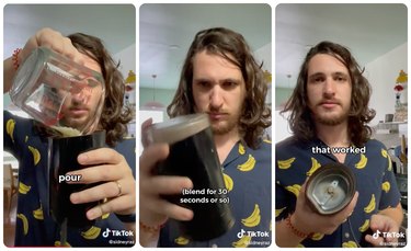 screenshots of tiktok video showing how to clean a coffee grinder with rice