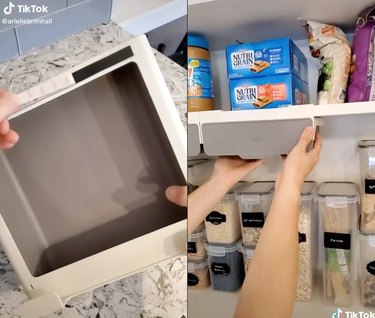 Split screen image of hands peeling of the adhesive on small drawers on the left and someone installing those drawers under shelves on the right
