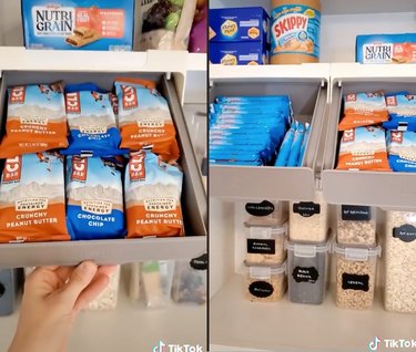 Split screen image of a small drawer of granola bars on the left and another view of two drawers of granola bars on the right