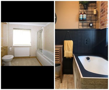 A two-pane image showing a before and after bathroom. The first photo shows a drab white and beige bathroom with a tub and toilet. The second shows a chic bathroom with black wall panelling, a brick wall accent, and a luxurious tub rimmed in black trim.