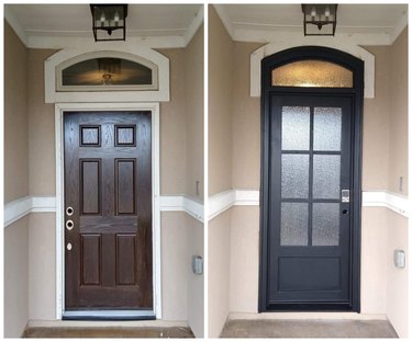 A two-pane image showing a brown wood front door turning into a matte black front door with six window panes.