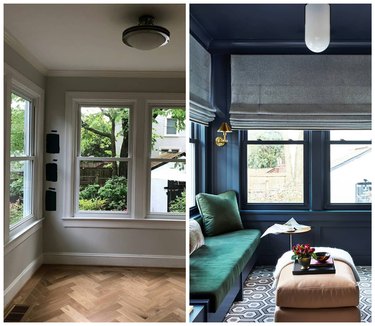 A two-pane image showing a white sunroom becoming a black sunroom with a velvet green couch and gold wall sconces.