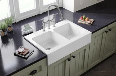 Double bowl white kitchen sink