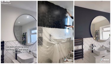 A three-pane image showing a white bathroom wall being painted black. There is a large circular mirror on the wall and on the bottom half, there are white tiles.