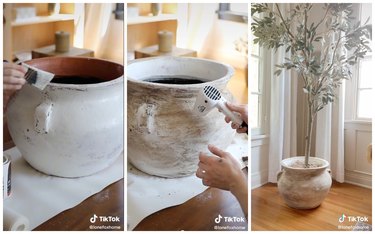 Left is a hand painting a brown planter white. Middle is a hand using a head gun on a white, dirt-covered planter. On the right is distressed planter holding a plant on hardwood floors with white curtains in the background.