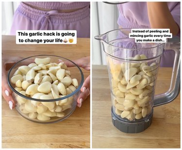 On the left is a bowl of peeled garlic cloves on a wooden countertop. On the left, is a the garlic cloves on the same wooden countertop in a blender.