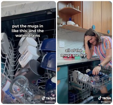 screenshot of tiktok videos showing mugs loaded in dishwasher
