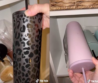 Split screen image of a hand holding a leopard print tumbler on the left and a lavender tumbler on the right