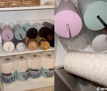 Split screen image of shelves filled with stored tumblers and toilet paper on the left and a close-up of the tumblers on the right