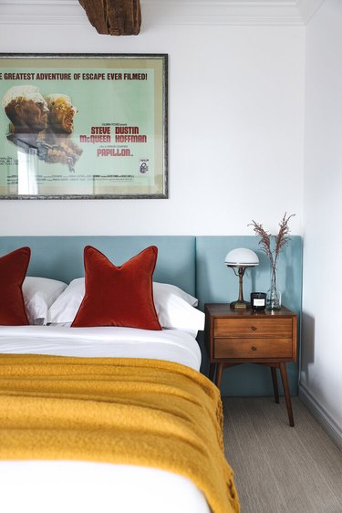 blue, yellow, and burnt orange bedroom color idea