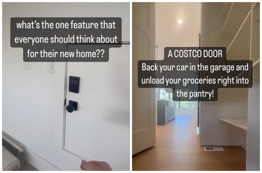 A two-pane image showing a small square white door in a garage that leads to a pantry room with storage cabinets.