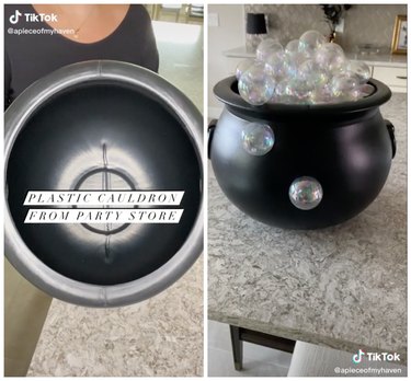 On the left, a woman is holding an empty plastic cauldron. On the right, the cauldron is full of clear ornaments and sitting on a marble kitchen counter.