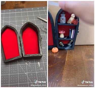 On the left is an empty, mini coffin. It's black with a red interior. On the right, the coffin has been transformed into a mini bookshelf with mini books, a pumpkin, and own, a mushroom, and potion bottles.