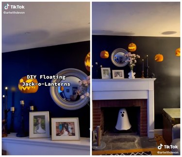 On the left is floating jack-o-lanterns in front of a navy blue wall. On the right, is the same floating jack-o-lanterns but zoomed out showcasing a white fireplace with a ghost hanging inside.