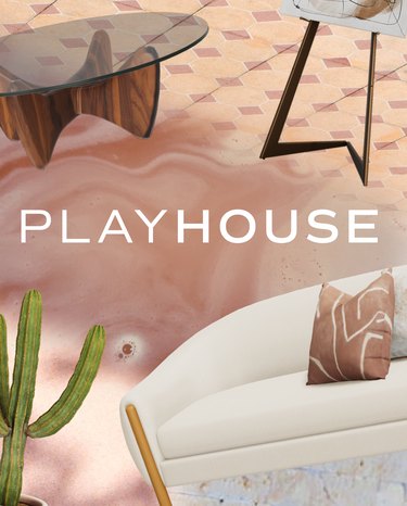 An image that says the word "Playhouse" and shows a wood and glass coffee table, pink tiled flooring, cactus, and white couch with a pink and white throw pillow.