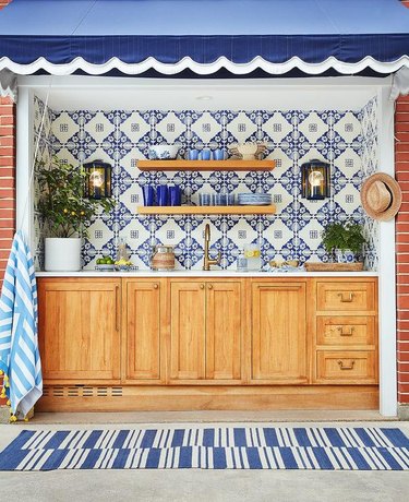 blue and white country outdoor kitchen
