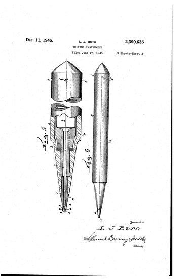 László Bíró's patent and drawing for the ballpoint pen