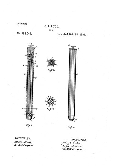 John J. Loud's patent and drawing for the ballpoint pen.