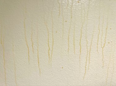 brownish drips down a white wall in a bathroom