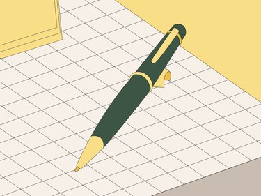 An illustration of a dark green ballpoint pen with gold accents on a gridded surface.
