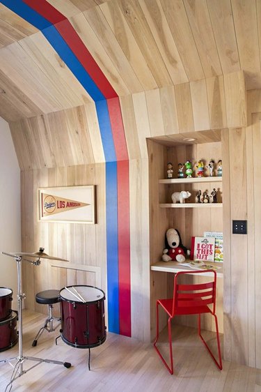 red, blue, and light wood wall idea