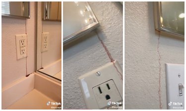 A three-pane photo of a TikTok video showing red liquid bleeding out beneath a medicine cabinet on a bathroom wall.