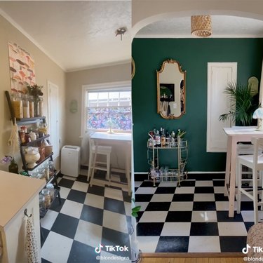 two tiktok screenshots showing a kitchen, one with white walls and the other with a green wall