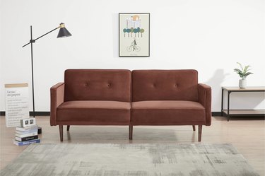 auburn velvet sleeper sofa with square arms
