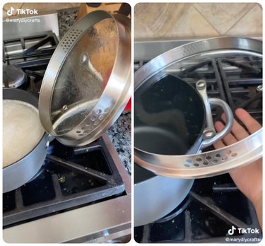 screenshot of TikTok video showing pots and lids on stove