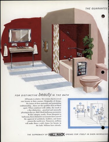 1959 Hall-Mack product catalog featuring recessed bathroom units on a red wall.