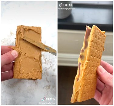 On the right is a hand smearing peanut butter on a graham cracker with a knife. On the right, a hand holds up a peanut butter chocolate graham cracker sandwich.