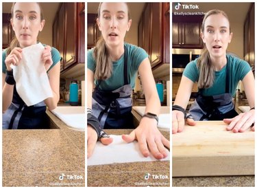 On the left is a woman in a green shirt holding a wet paper towel. In the middle is the same woman placing the towel flat on their marble countertops. On the right is the same woman with her hands placed on a wooden cutting board.