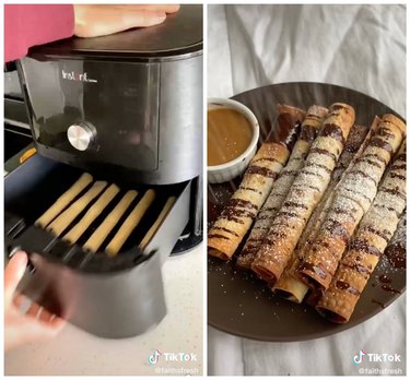 On the left is chocolate rollups being placed into an air fryer. On the right is the chocolate rollups on a plate with a brown sauce.