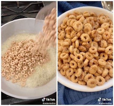 On the left is a hand pouring Cheerios into melted butter on the stove. On the right is cinnamon sugar Cheerios in a bowl.