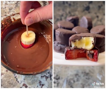 On the left is banana and strawberry on a toothpick being dipped in chocolate. On the right is the chocolate-covered fruit with a bite taken out of it.