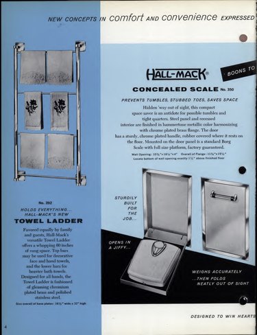 1959 Hall-Mack product catalog featuring a bathroom scale that can be folded up into the wall and concealed.